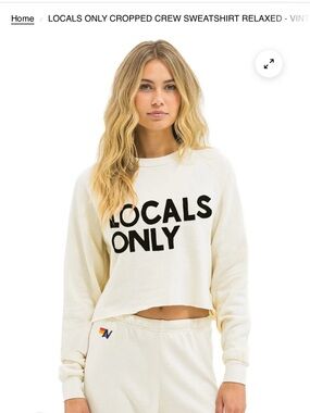 Aviator Nation Cream "LOCALS ONLY" Cropped Crewneck Sweatshirt
